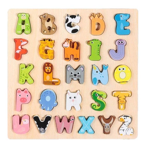 Puzzle incastru educativ din lemn cu 26 litere mari si ilustratii cu animale