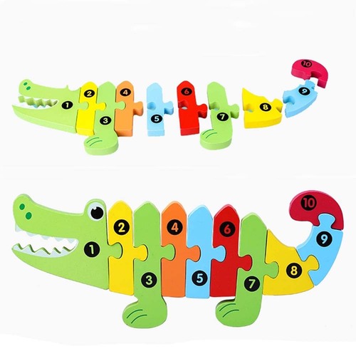 Jucarie educativa, puzzle lemn incastru, Crocodil cu cifre,10 piese