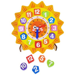 Ceas din lemn pentru copii, Puzzle Sunflower Clock cu forme geometrice