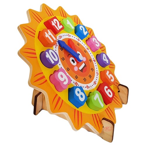 Ceas din lemn pentru copii, Puzzle Sunflower Clock cu forme geometrice