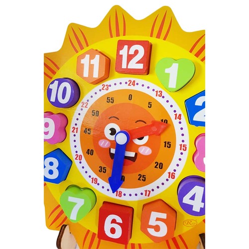 Ceas din lemn pentru copii, Puzzle Sunflower Clock cu forme geometrice