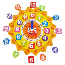Ceas din lemn pentru copii, Puzzle Sunflower Clock cu forme geometrice