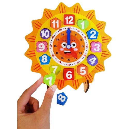 Ceas din lemn pentru copii, Puzzle Sunflower Clock cu forme geometrice