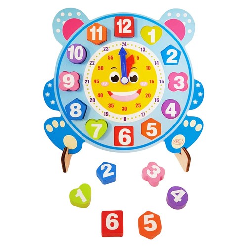Ceas din lemn pentru copii, Puzzle Bear Clock cu forme geometrice
