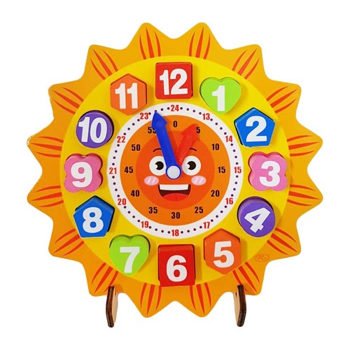 Ceas din lemn pentru copii, Puzzle Sunflower Clock cu forme geometrice