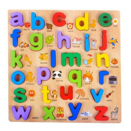 Puzzle incastru din lemn cu 26 de litere mici multicolore si ilustratii reprezentative in Limba Engleza