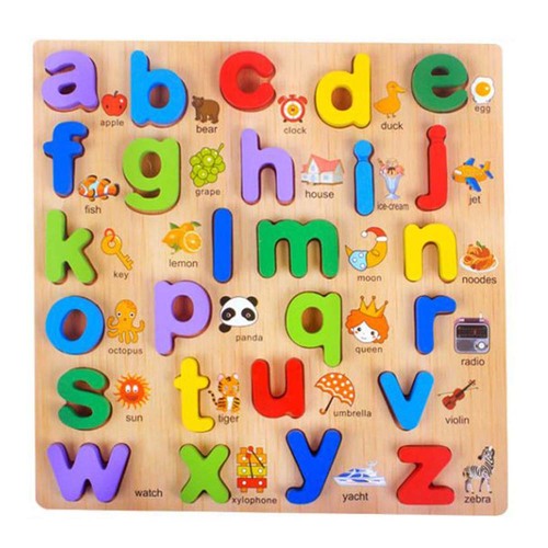 Puzzle incastru din lemn cu 26 de litere mici multicolore si ilustratii reprezentative in Limba Engleza