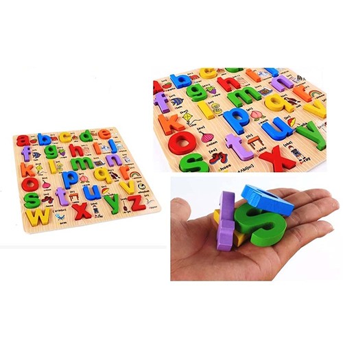 Puzzle incastru din lemn cu 26 de litere mici multicolore si ilustratii reprezentative in Limba Engleza