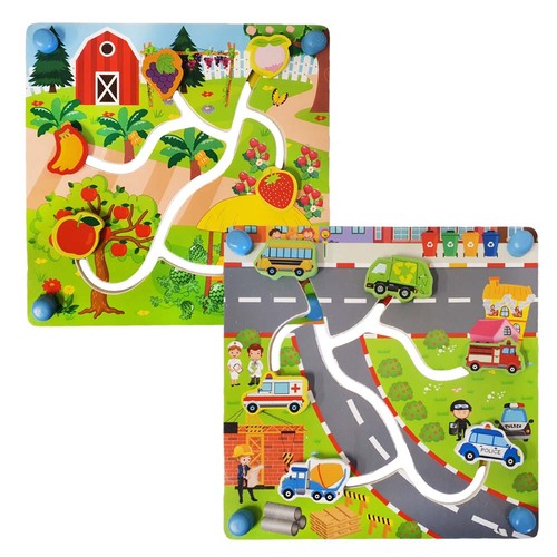 Puzzle Labirint din lemn cu doua fete- fructe si trafic urban in format 3D