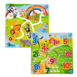 Puzzle Labirint din lemn cu doua fete - numere si animalele junglei in format 3D