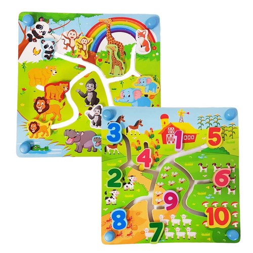 Puzzle Labirint din lemn cu doua fete - numere si animalele junglei in format 3D