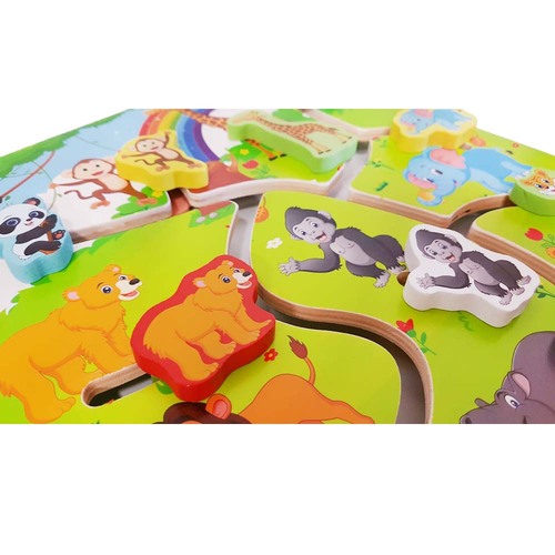 Puzzle Labirint din lemn cu doua fete - numere si animalele junglei in format 3D