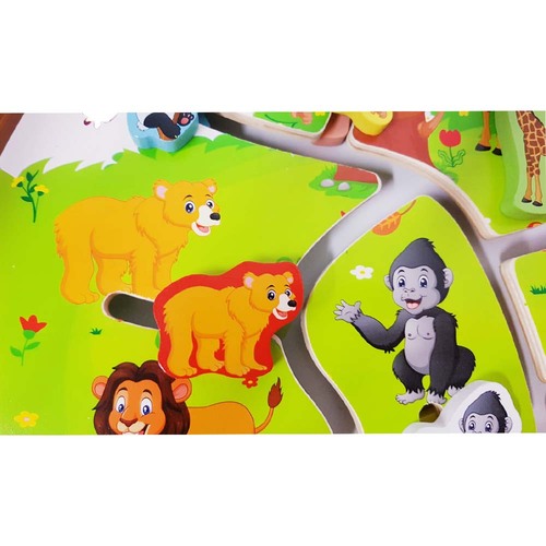 Puzzle Labirint din lemn cu doua fete - numere si animalele junglei in format 3D
