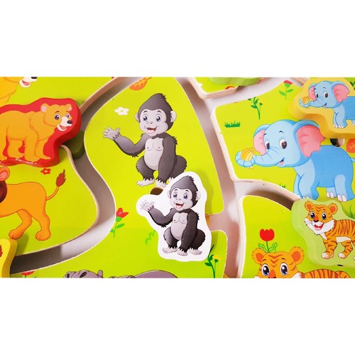 Puzzle Labirint din lemn cu doua fete - numere si animalele junglei in format 3D