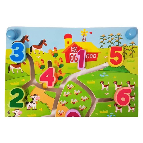 Puzzle Labirint din lemn cu doua fete - numere si animalele junglei in format 3D