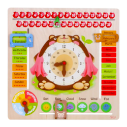 Jucarie calendar cu ceas din lemn, Ursulet, in limba engleza, 45 x 45 cm