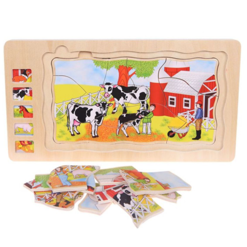 Puzzle Montessori incastru din lemn in cinci straturi, Viata la Ferma, 41 Piese, + 3 ani