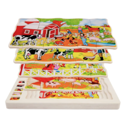 Puzzle Montessori incastru din lemn in cinci straturi, Viata la Ferma, 41 Piese, + 3 ani