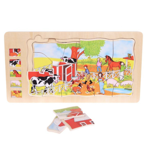 Puzzle Montessori incastru din lemn in cinci straturi, Viata la Ferma, 41 Piese, + 3 ani