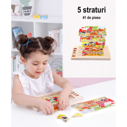 Puzzle Montessori incastru din lemn in cinci straturi, Viata la Ferma, 41 Piese, + 3 ani