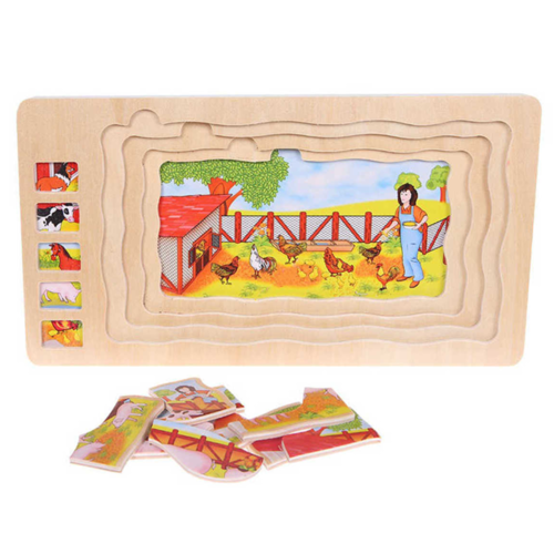 Puzzle Montessori incastru din lemn in cinci straturi, Viata la Ferma, 41 Piese, + 3 ani