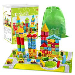 Cuburi de constructie din lemn, multicolore, 100 piese, Orasul Dinamic