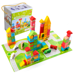 Cuburi de constructie din lemn, multicolore, 62 piese, Orasul Dinamic