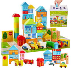 Cuburi de constructie din lemn, multicolore, 62 piese, Orasul Dinamic