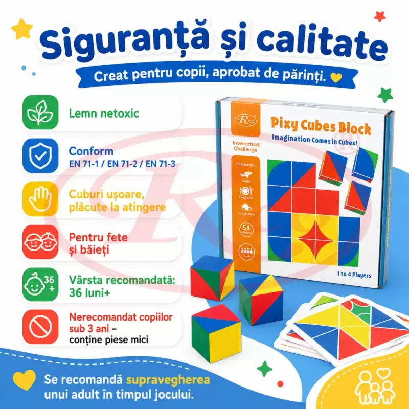 Joc de memorie si logica pentru copii cu cuburi colorate din lemn si planse de provocare