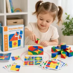 Joc educativ RCO 16 cuburi de logica "Pixy Cubes"  din lemn si 23 carduri cu modele ajutatoare