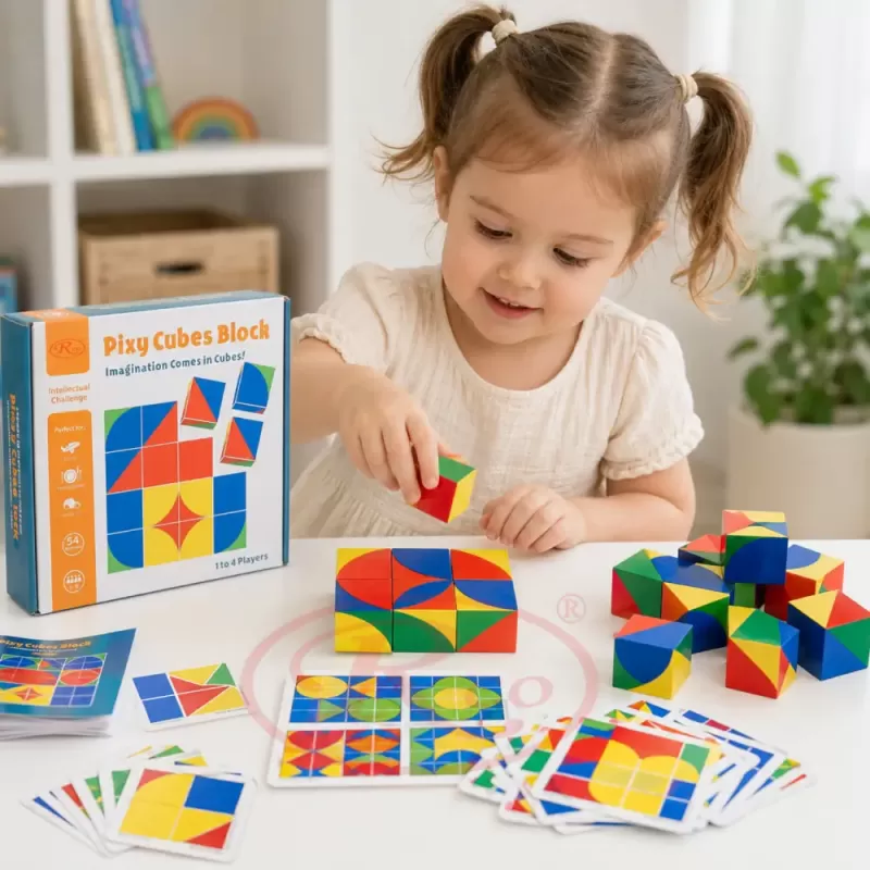 Joc de memorie si logica pentru copii cu cuburi colorate din lemn si planse de provocare