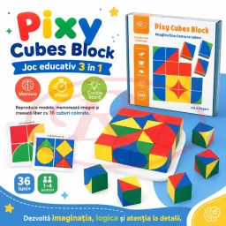Joc educativ RCO 16 cuburi de logica "Pixy Cubes"  din lemn si 23 carduri cu modele ajutatoare