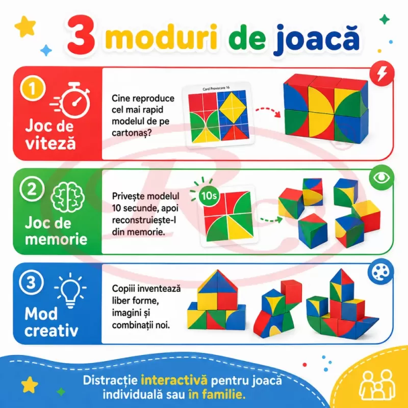 Joc de memorie si logica pentru copii cu cuburi colorate din lemn si planse de provocare