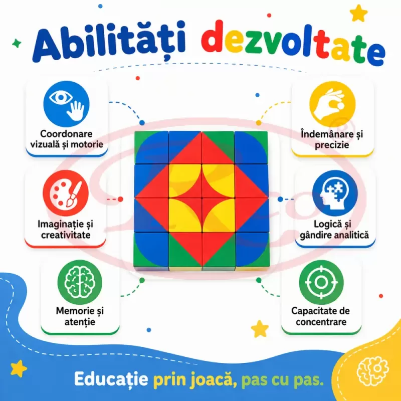 Joc de memorie si logica pentru copii cu cuburi colorate din lemn si planse de provocare