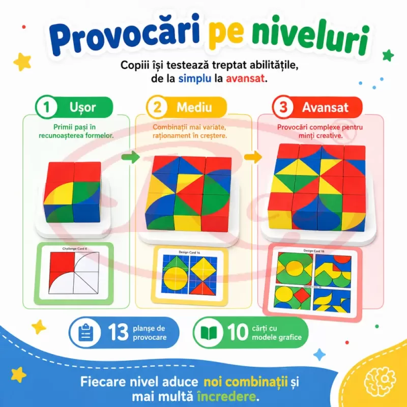 Joc de memorie si logica pentru copii cu cuburi colorate din lemn si planse de provocare