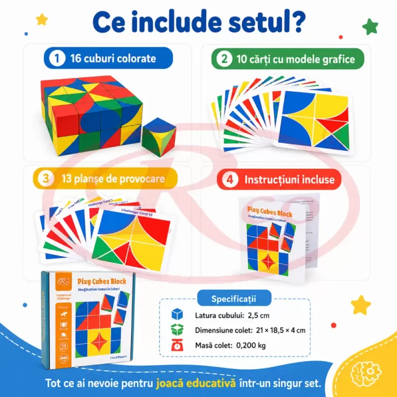 Joc de memorie si logica pentru copii cu cuburi colorate din lemn si planse de provocare