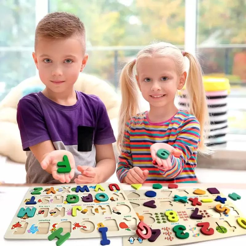 Set 2 puzzle incastru 3D, litere, cifre, multimi, simboluri matematice si forme, multicolor, +3 ani