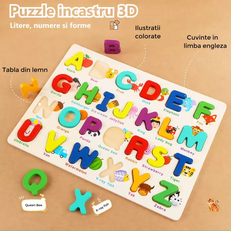 Set 2 puzzle incastru 3D, litere, cifre, multimi, simboluri matematice si forme, multicolor, +3 ani
