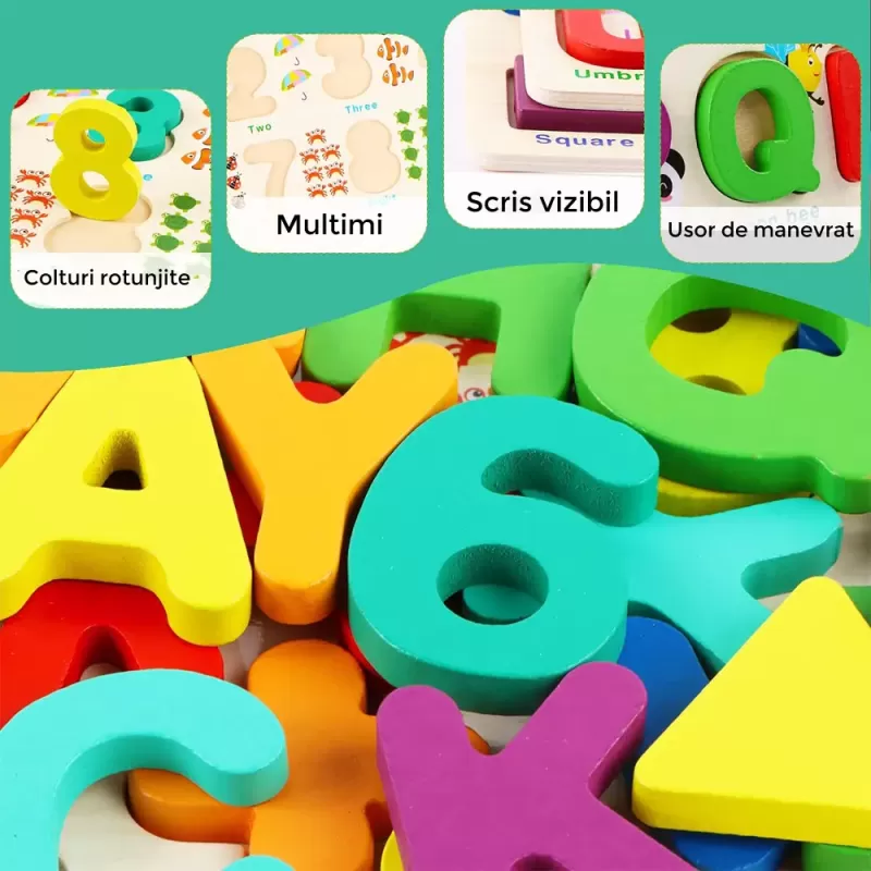 Set 2 puzzle incastru 3D, litere, cifre, multimi, simboluri matematice si forme, multicolor, +3 ani