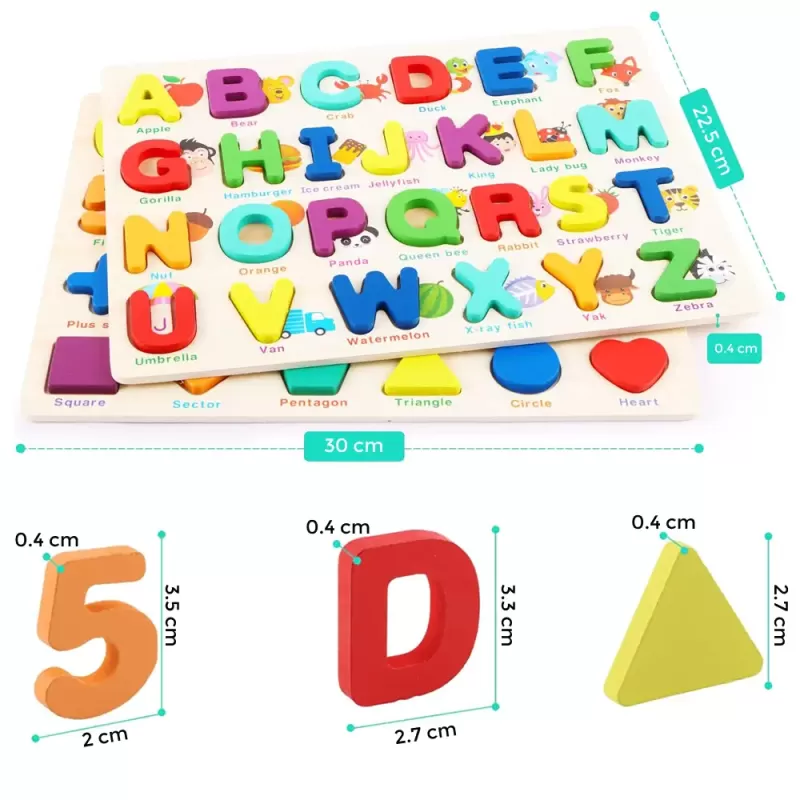 Set 2 puzzle incastru 3D, litere, cifre, multimi, simboluri matematice si forme, multicolor, +3 ani