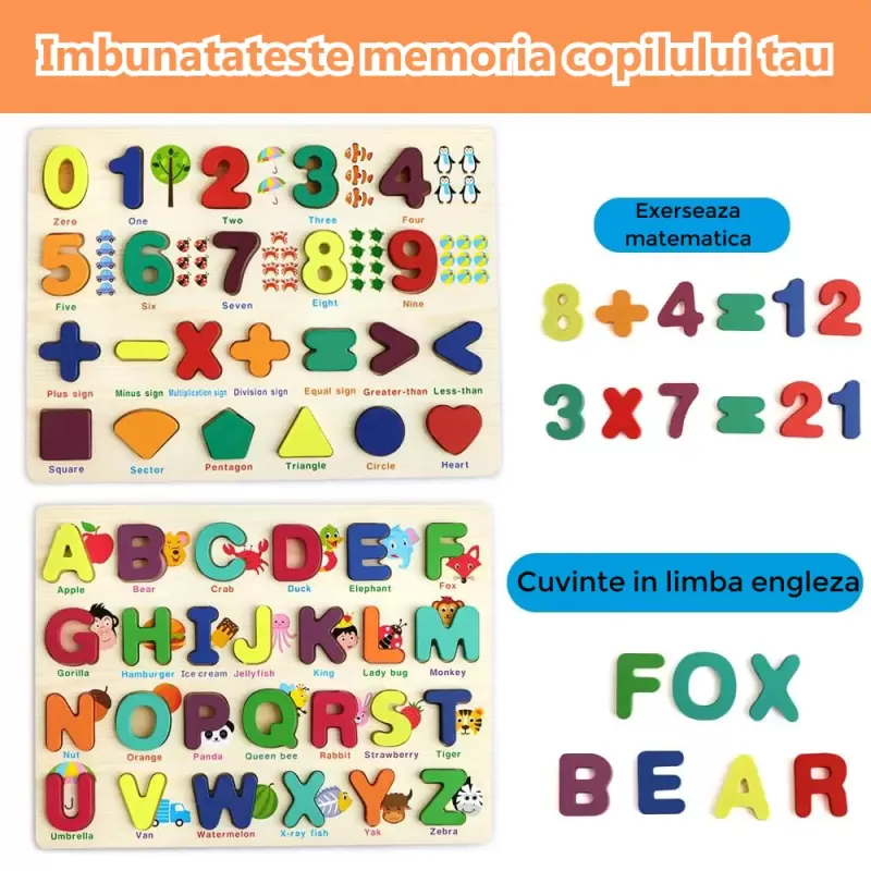 Set 2 puzzle incastru 3D, litere, cifre, multimi, simboluri matematice si forme, multicolor, +3 ani