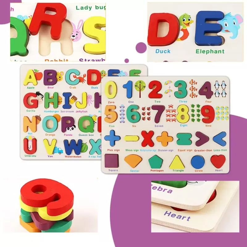 Set 2 puzzle incastru 3D, litere, cifre, multimi, simboluri matematice si forme, multicolor, +3 ani