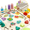 Joc RCO din lemn Montessori multifunctional 6 in 1 cu cifre, forme geometrice, logaritmic cu stivuire piese, pescuit magnetic, indemanare si sortare
