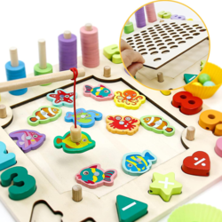 Joc RCO din lemn Montessori multifunctional 6 in 1 cu cifre, forme geometrice, logaritmic cu stivuire piese, pescuit magnetic, indemanare si sortare
