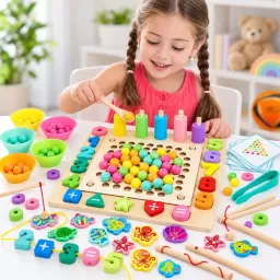 Joc Montessori multifunctional din lemn 6 in 1, pescuit magnetic, sortare, abac si puzzle