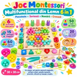 Joc Montessori multifunctional din lemn 6 in 1, pescuit magnetic, sortare, abac si puzzle