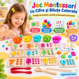 Joc Montessori cu cifre si 50 de bilute colorate, 10 planse si 30 de cartonase, 3 ani+