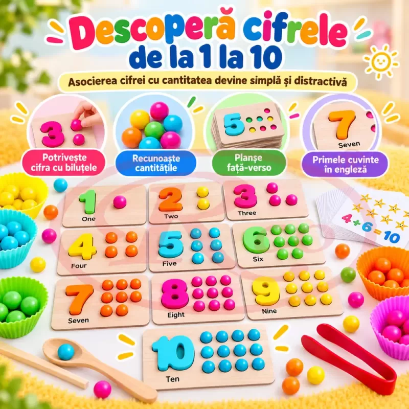 Joc Montessori cu cifre de la 1 la 10, 50 de bilute colorate, planse numerice si accesorii de sortare