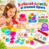 Joc Montessori cu cifre de la 1 la 10, 50 de bilute colorate, planse numerice si accesorii de sortare