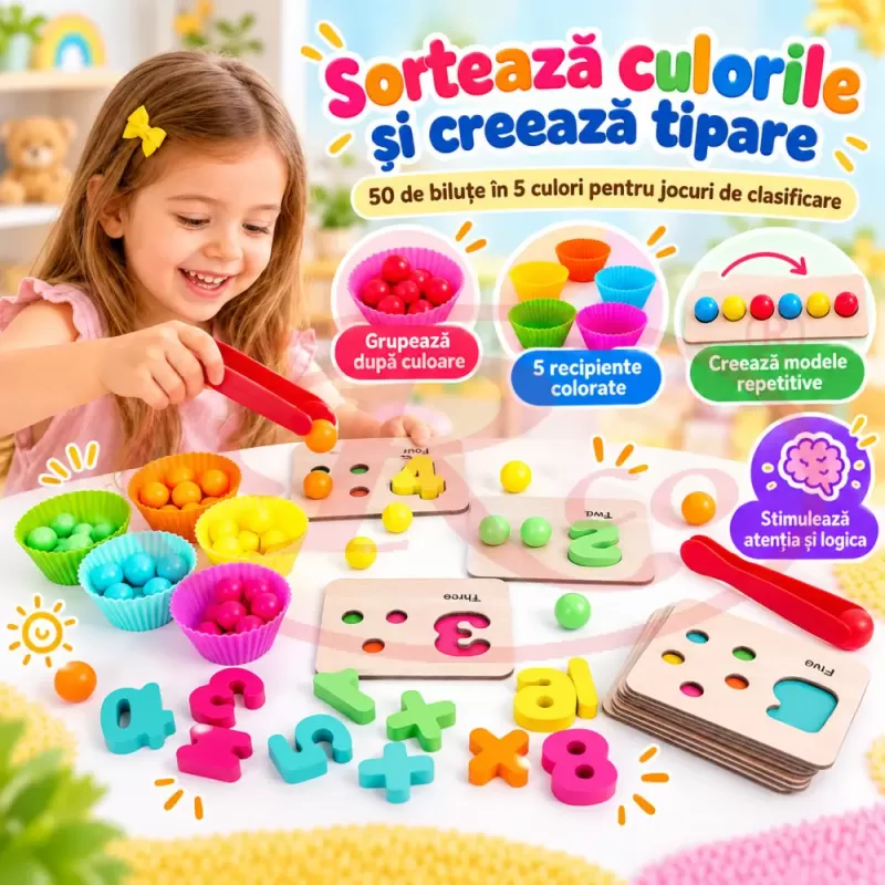 Joc Montessori cu cifre de la 1 la 10, 50 de bilute colorate, planse numerice si accesorii de sortare